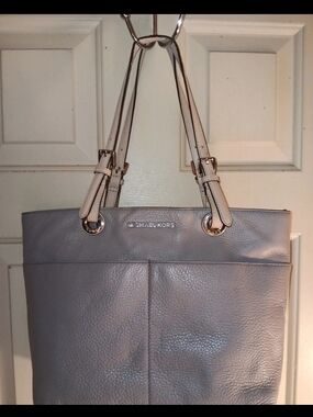 Michael Kors Grey Leather Tote Bag with Cream Straps